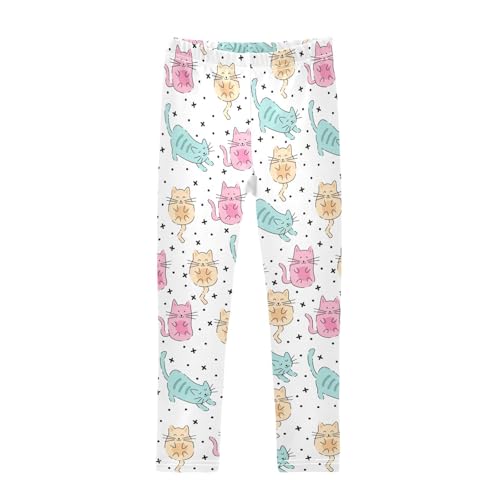 Cartoon Cats on White Girls Leggings,Workout Leggings for Girls Toddler Athletic Leggings Size for 3-10T