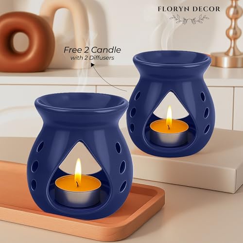 Image of Floryn Decor Ceramic Diffuser with Free 2 Tealight Candles | Home Fragrance, Spa, Office & Yoga | Aromatherapy Gift Set of 2 (Blue)