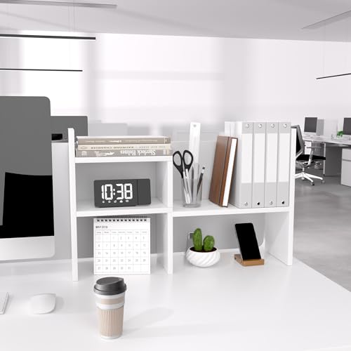 Image of Jerry & Maggie - Desktop Organizer Office Storage Rack Adjustable Wood Display Shelf | Birthday Gifts - Toy - Home Decor | - Free Style Rotation Display - True Natural Stand Shelf (White)