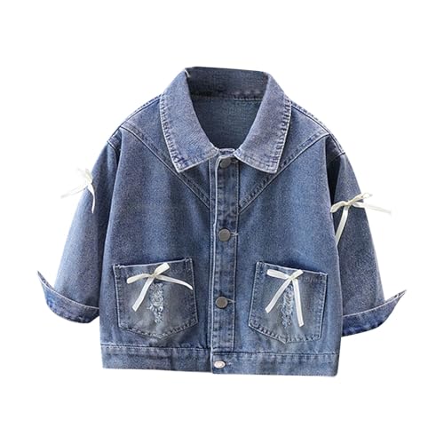 Girls Denim Jacket Loose Bowknot Lapel Button Long Sleeve Outwear Toddler Casual Solid Jackets with Pocket