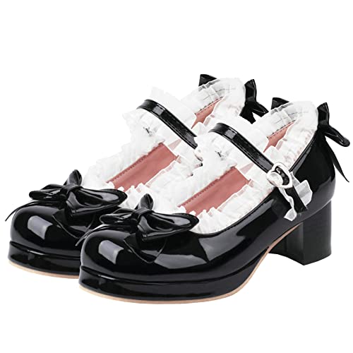 Image of LUXMAX Women Kawaii Mid Block Heel Mary Jane Rockabilly Pumps with Bow Platform Chunky Heel Cute Sweet Shoes