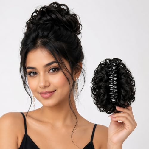 Image of Curly Hair Bun Claw Clip Extension for Women & Girls, Black
