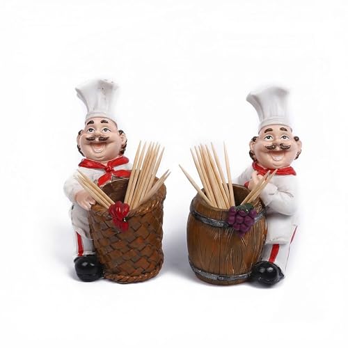 JITUIHOM Funny Chef Toothpick Holder Figurine Resin Kitchen Decor Statue with Wooden Barrel Container Cute Chef Countertop Decoration for Kitchen Table Restaurant Bar Coffee Station