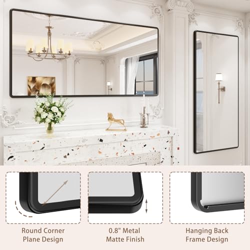New Upgrade Bathroom Mirror, 60X30 Inch Black Metal Frame Wall Mounted Rounded Rectangle Bathroom Vanity Mirror with Tempered Glass for Washroom Bedroom Living Room