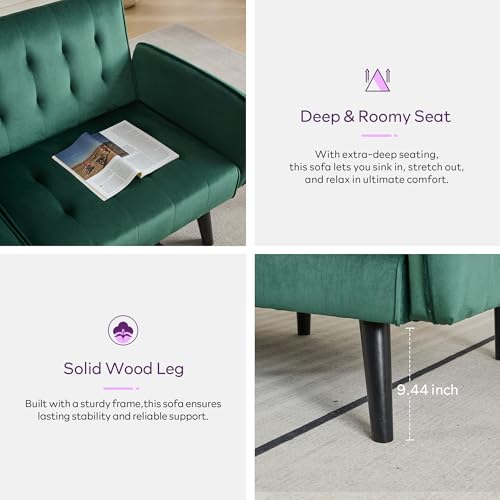 Image of TYBOATLE 65 inch W Velvet Modern Convertible Folding Futon Couch Sofa Bed w / 2 USB Charging Ports and arms, Loveseat for Living Room, Office, Apartment, Bedroom (Green)