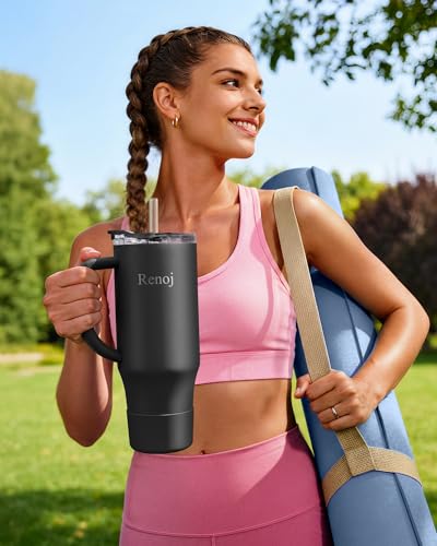 Image of Renoj Insulated Mug 100% Leak Proof Insulated Water Bottle for Iced Coffee & Hot Drinks - Fits Car Cup Holder, Ideal Gift, 2 Straws & Silicone Boot - SnapShift Black 40 oz