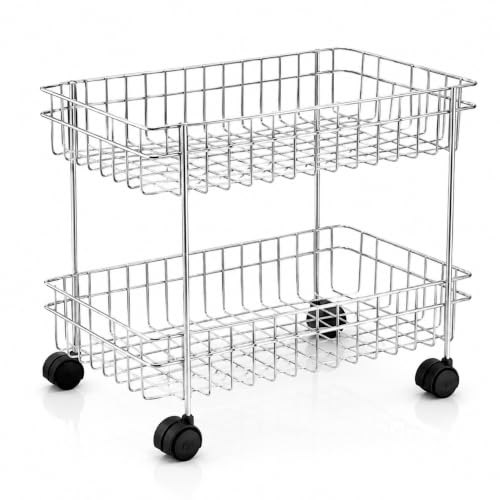 Image of TUNIS 2 Tier Stainless Steel Wire Storage Basket Trolley |Fruit & Vegetable Trolley with 360 Moving Wheels| Rack for Kitchen, Fruits, Vegetables & Grocery Storage, Movable Organizer Cart