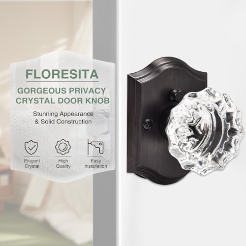 Crystal Door Knobs, Oil Rubbed Bronze Glass Door Knobs Interior Rose Shape with Lock Privacy Function, Vintage Antique for Bedroom Bathroom