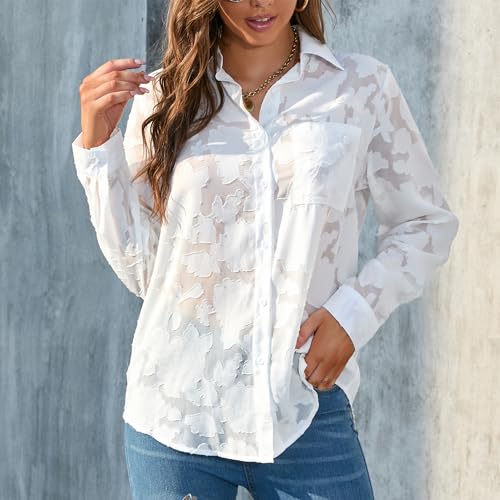 Sunshine swing Women's White Elegant Sexy See Through Blouse Shirt Long Sleeve Jacquard Turn-Down Button Down Shirt Top4