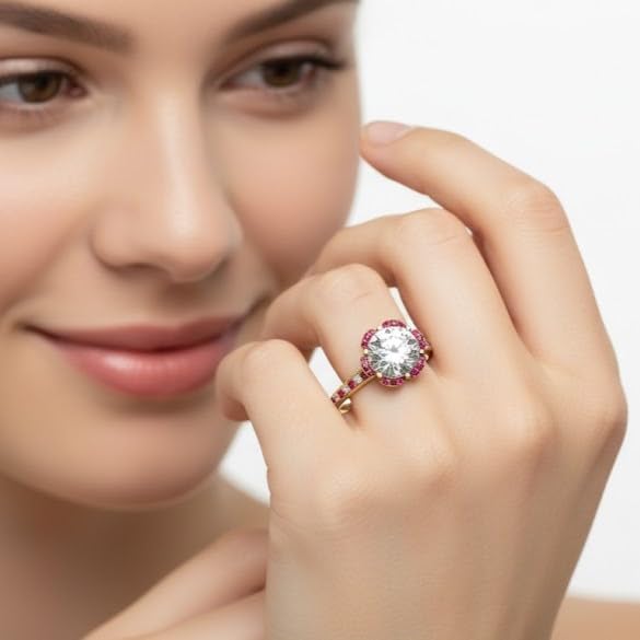 Image of 55Carat Choose Your Gemstone 6 Petal Ring Yellow Gold Plated Round Shape Halo Engagement Rings Well Shaped for Any Gift Giving Occassion Modern Style Enchating Women US Size 4 to 12