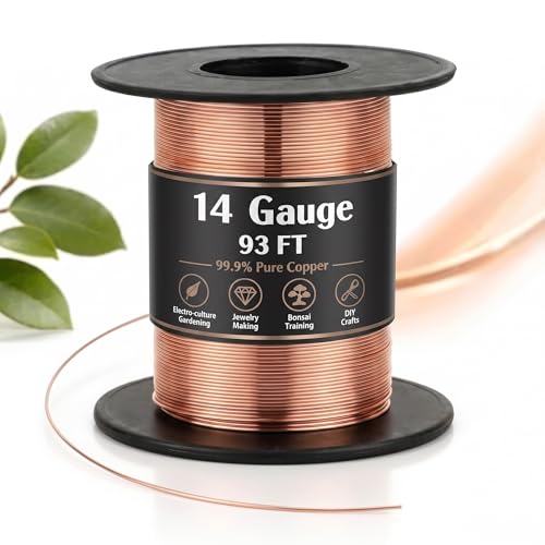 Therwen 93ft 14 Gauge Copper Wire for Gardening Plants Electroculture Jewelry Making DIY Beading Craft Bendable Solid Bare Pure Copper Wire 1 Pound Spool(0.063 Dia)