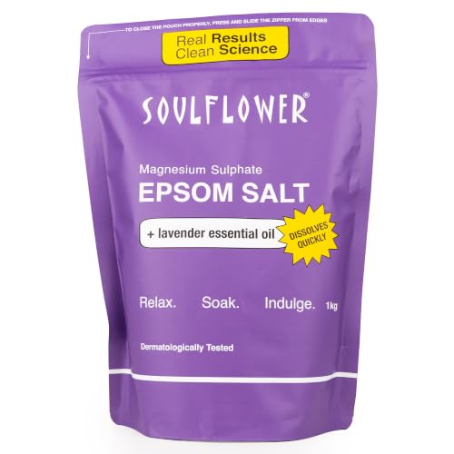 Image of Soulflower Epsom Salt for Foot, Bath & Body Spa, Swelling & Soreness, Relaxing, Muscle Pain Relief | 100% Pure USP Grade Epsom Salt| Pure Lavender Essential Oil 1 kg (Pack of 1)