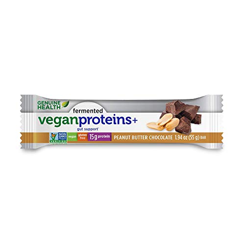 Genuine Health Fermented Vegan Proteins+ Bar, Peanut Butter Chocolate, 15g Protein, Gluten Free, 12 Count
