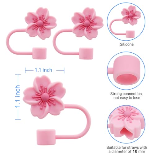 Image of 3pcs Cherry Blossom Silicone Straw Cover Cap for Stanley Cup,Straw Topper 10 mm 0.4 in Reusable Straw Tips Lids,Flower Straw Tip Covers Gift for Party Decor