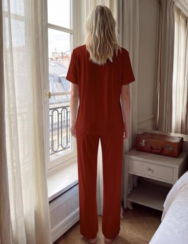 Image of HNG Women Pajamas Set 2 Piece Button Up Pajamas Pant and Short Sleeve Shirt for Woman Pj Sets with Pocket