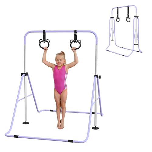 HOMCOM Barre de Gymnastique pour Enfants, Barre Horizontale, équipement de Gymnastique Pliable à Hauteur réglable 88-128 cm avec Anneaux de Gymnastique,...
