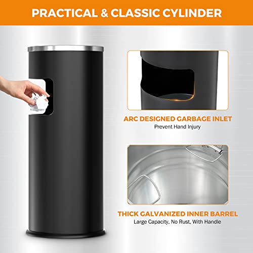 Image of BEAMNOVA Black Trash Can with Lid Outdoor Indoor Stainless Steel Commercial Garbage Bin Waste Container for Patio Yard Garage with Inside Barrel, Black, 9.8 in x 24 in (D * H)