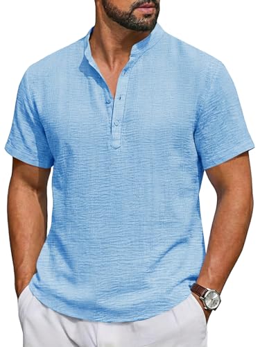 Image of Runcati Mens Casual Henley Shirt Short Sleeve Band Collar Textured Shirts Summer Beach Hippie T-Shirts