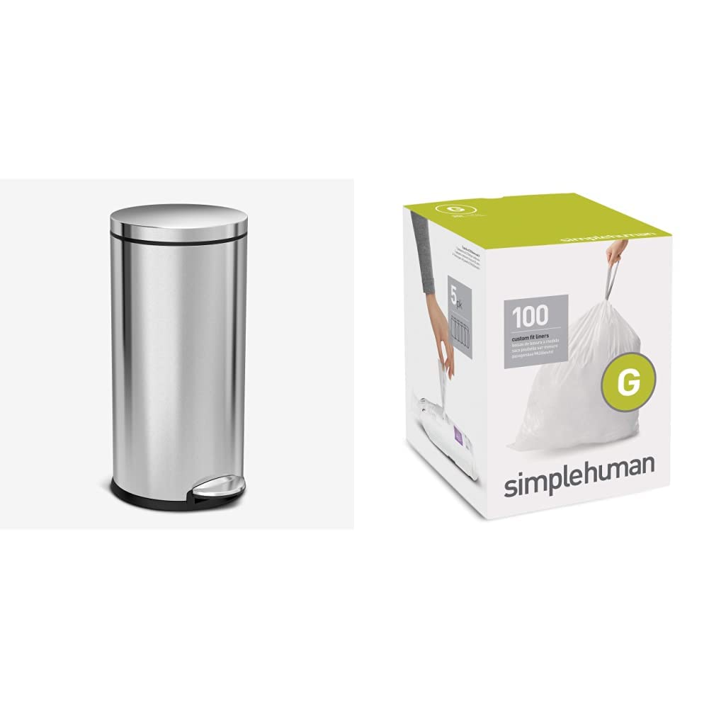 Photo 1 of simplehuman 30 Liter / 8 Gallon Round Step Trash Can, Brushed Stainless Steel & Code G Custom Fit Drawstring Trash Bags, 30 Liter / 8 Gallon, White, 100 Count
