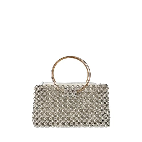 YUPLIODSX Bolsa De Noche Perlas Para Mujer Bolso de cuentas hecho a mano, bolso cuadrado pequeño tridimensional, bolso de mano con aro circular, bolso de cuentas informal y versátil.(Silver)