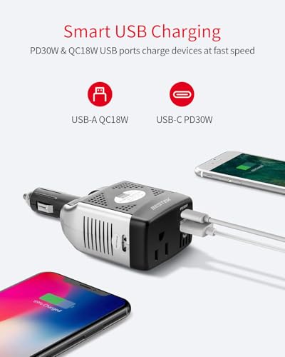 BESTEK 150W Power Inverter 12V to 110V Voltage Converter PD30W QC18W Car Charger Power Adapter with Charging Ports - Image 4