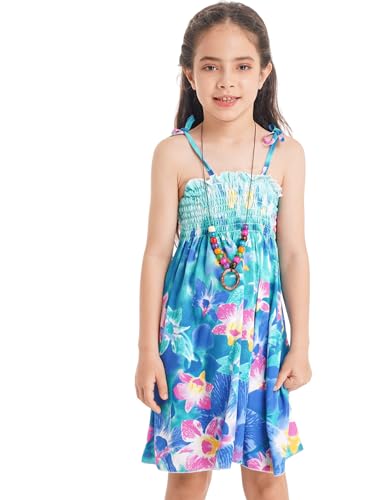 Kids Girls Bohemian Dresses Floral Sleeveless Rainbow Beach Sundress with Necklace3