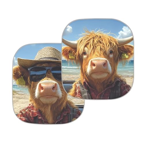 Image of Cool Highland Cow Car Sun Shade 2 Pack Sun Shield Blocks UV Rays Easy to Install Car Truck SUV Windshield Sun Shade