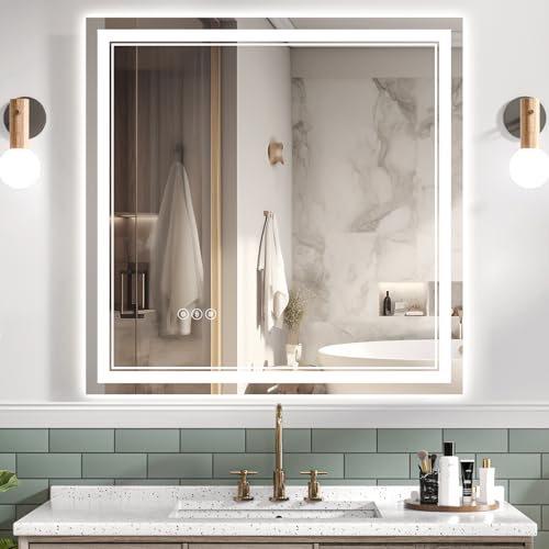 TIFULLHOME 30x30 Inch Led Bathroom Mirror with Front and Backlit, Anti-Fog, CRI90+, 3 Colors, Dimmable Vanity Mirror with Lights, Top Tempered Glass, ETL Listed, Wall Mounted (Horizontal/Vertical)