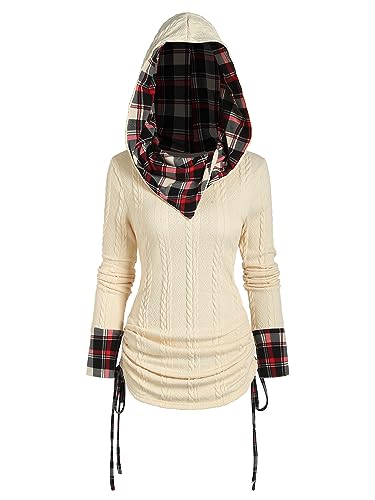 Image of ZEZCLO Women's Twisted Cable Knit Plaid Print Hooded Sweater Mock Button Ruched Shawl Neck Knit Top