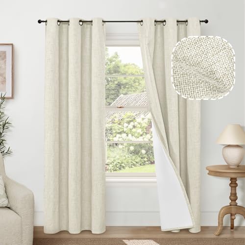Linen Blackout Curtains for Living Room Narrow Window, Thermal Insulated Complete Light Blocking...