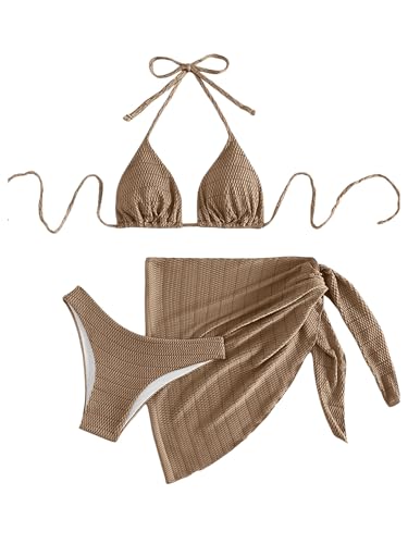 SHENHE Women's 3 Piece Textured High Cut Halter Triangle Bikini Swimsuit with Cover Up Khaki Large