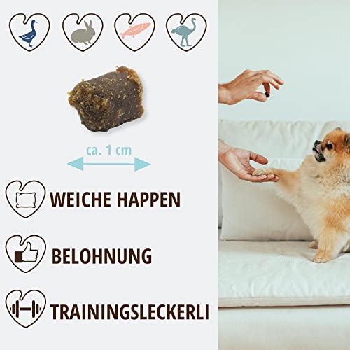 PetLove 100% Fleisch Softies für Hunde • Hundeleckerli ohne Getreide • Hoher Fleischgehalt • Hunde Leckerlis für Training • Mix (Gans, Lachs, Kaninchen, Strauß) 6X 4er Mix (24 Tüten)