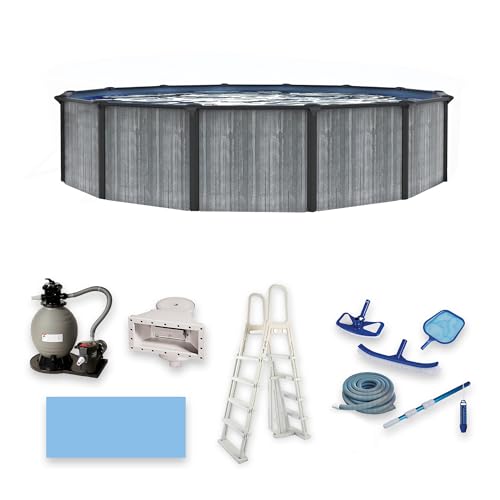 Image of Blue Wave San Pedro 15-ft Round 52-in Deep Above Ground Swimming Pool - Steel Top Rails, Sand Filter, Skimmer, Liner, A-Frame Ladder & Maintenance Kit - Complete Outdoor Pool Accessories