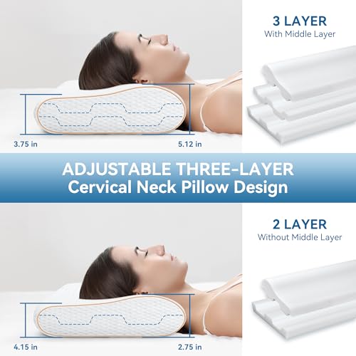 Sandwich Memory Foam Pillow for Sleeping - Ergonomic Cervical Cooling Pillows Queen Size, Adjustable Contour Pillow for Neck, Bed Pillow for Side, Back & Stomach Sleepers