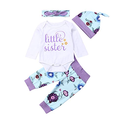 Preisvergleich Produktbild Geagodelia Babykleidung Set Baby Mädchen Langarm Body + Hose + Stirnband Mütze Kleinkinder Neugeborene Weiche Warme Babyset Bekleidung Little Sister (0-3 Monate, Weiß & Violett 216)