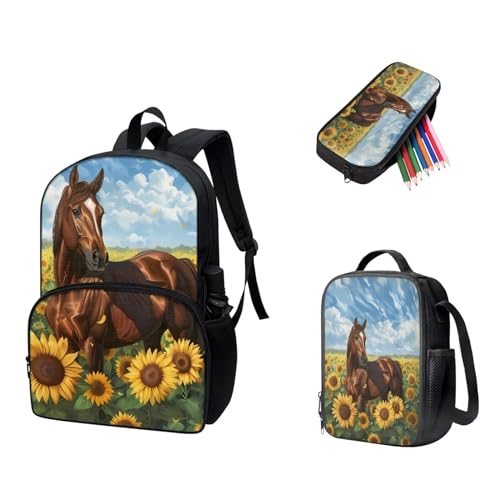 Sunflower Horse School Backpack Set for Girls 6-8 Years Old, Large Capacity Middle School Bookbag Horse With Pencil Case And Lunch Insulation Box With Handles 3 Pack