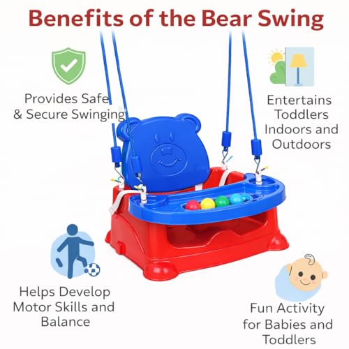 Image of 6-in-1 Multipurpose Baby Booster Seat Cum Hanging Swing Seat | Toddler Plastic Chair with Backrest & Safety Support | Feeding Seat with Long Ropes & Hooks for Boys & Girls (1-3 Years) (Red /Blue-Wheel)