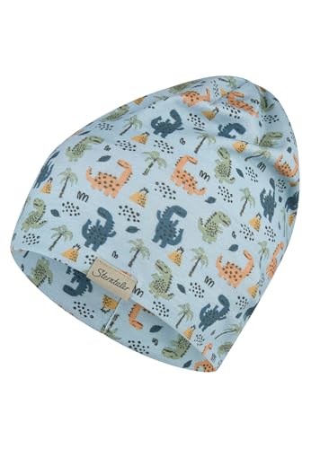 Sterntaler Beanie Dino – Weiche Kindermütze aus Flammgarn-Jersey mit Dino-Motiv, Zwei Tragevarianten, UV-Schutz 50+ – Hellblau, Größe 53