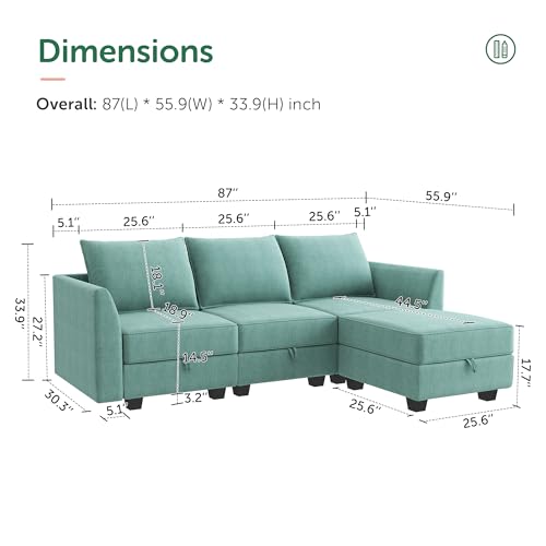 HONBAY Reversible Sectional Sofa Couch, Modern Apartment L-Shaped Couch Modular Sectional Sofa with Storage, Aqua Blue