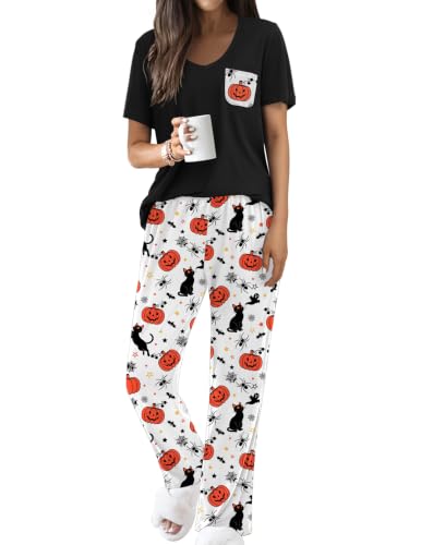 Image of Ekouaer Pajama Sets for Women 2 Piece Short Sleeve Pj V Neck Chest Pocket | Ladies Pajama Sets with Printed Long Pants, Soft Matching Pj Sleepwear, Casual Loose Fall Loungewear, S-XXL