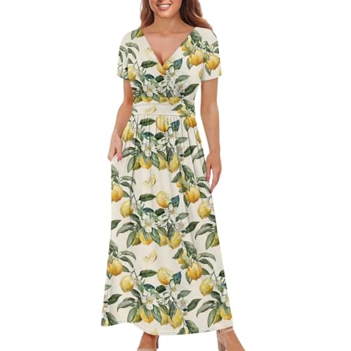 Image of Women's Fall Summer Short Sleeve Ankle Length V-Neck Party Dress with Pockets Size S-3XL