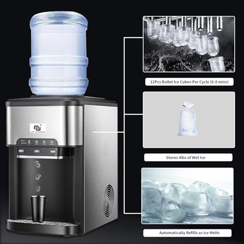 NUNET 3-in-1 Portable Ice Maker Water Dispenser Countertop Built-in Ice Machine 44lbs Ice Daily Top Loading 5 Gallon Hot Cold Water Dispenser w. 4lb Ice Storage & Cleaning Sets, Water Pump