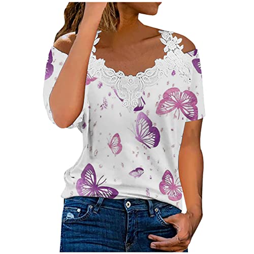 Womens Summer Tops Bohemian Off Shouler T Shirts Soft Floral Print Short Sleeve Lace Tops Dressy Casual Loose Tshirts