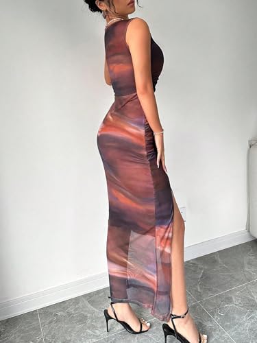 GORGLITTER Women's Tie Dye Mesh Bodycon Dress Ruched Split Thigh Party Maxi Dresses2