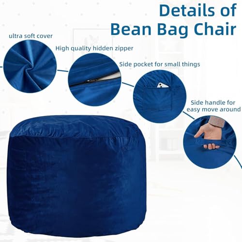 HABUTWAY Bean Bag Chair 3Ft Luxurious Velvet Ultra Soft Fur with High Rebound Memory Foam Bean Bag Chairs for Adults Plush Lazy Sofa with Fluffy Sponge 3' (Blue)