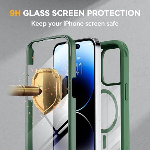 Image of Miracase Magnetic for iPhone 14 Pro Max Case 6.7 inch, (Compatible with MagSafe) Upgrade Full-Body Clear Phone Bumper Case with Built-in 9H Tempered Glass Screen Protector, Magnetic Acacia Green