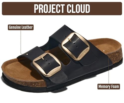 Image of Project Cloud 100% Genuine Leather Footbed Sandals for Women 2026 Comfortable Beach Essentials Womens Sandals Memory Foam Vacation Essentials Slides for Women Footwear (Santorini)