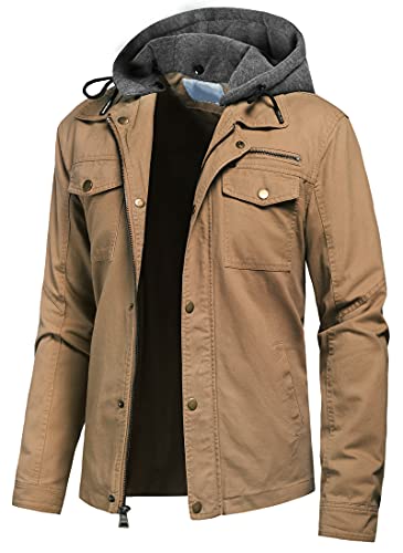 Pursky Mens Outdoor Recreation M65 Field Jacket Zip Up Coats Clothes With Removable Hood S Khaki