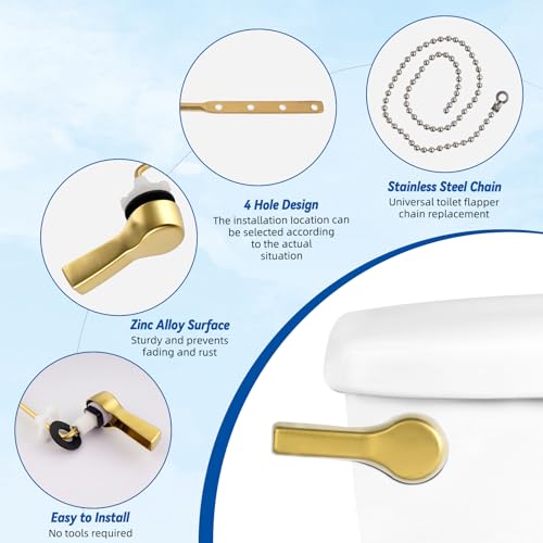 Image of Hibbent Universal Metal Front Mount Flush Toilet Handle Kit, Brushed Gold | Solid Brass Toilet Flush Tank Lever with Stainless Steel Adjustable Flapper Chains, Side Tank Toilet Handle for Most Toilets