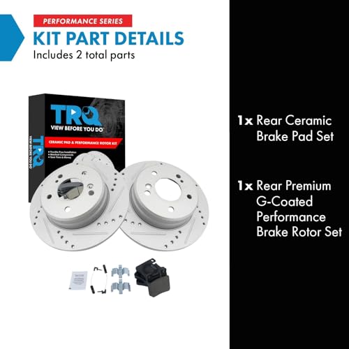Image of TRQ Performance Rear Brake Pad and Rotor Set Ceramic Coated Drilled Slotted Compatible with 1999 Mercedes-Benz E300